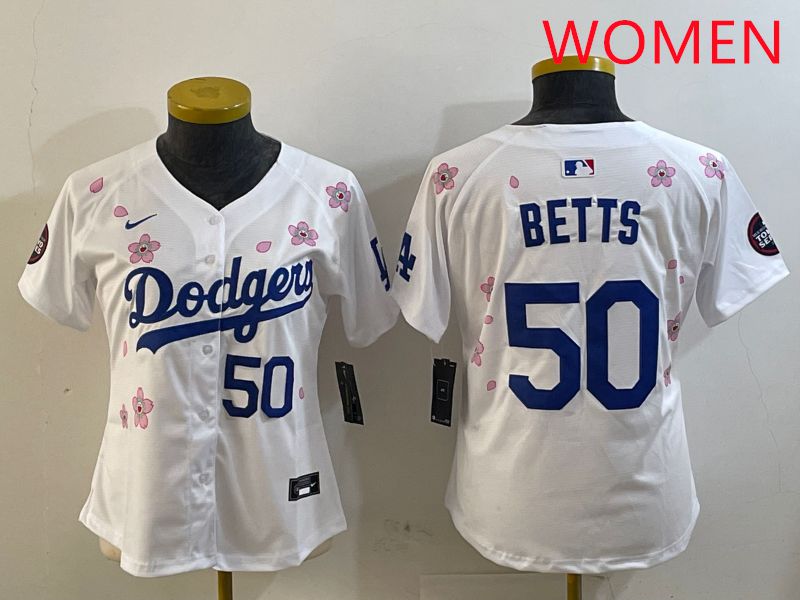 Women Los Angeles Dodgers 50 Betts White Sakura Edition 2025 Nike MLB Jersey style 6